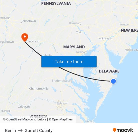 Berlin to Garrett County map