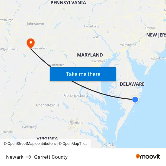 Newark to Garrett County map
