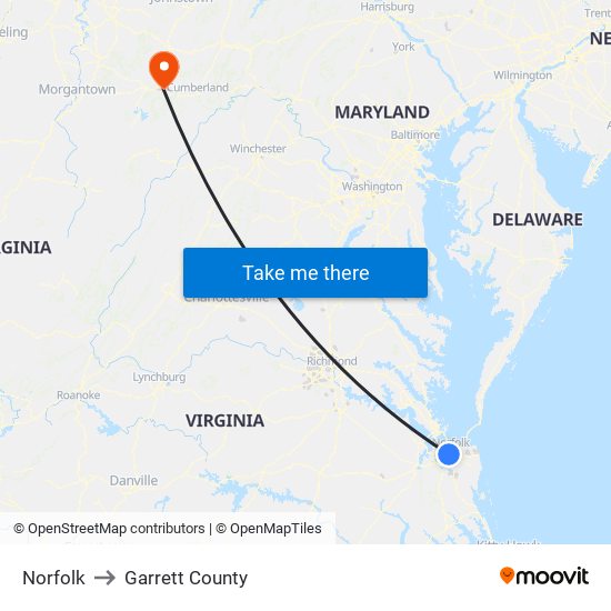 Norfolk to Garrett County map