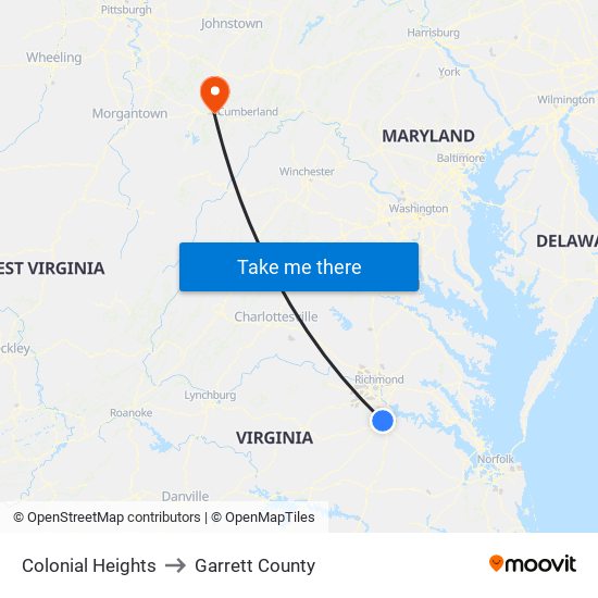 Colonial Heights to Garrett County map