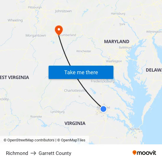 Richmond to Garrett County map
