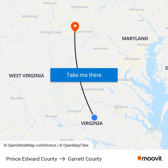 Prince Edward County to Garrett County map