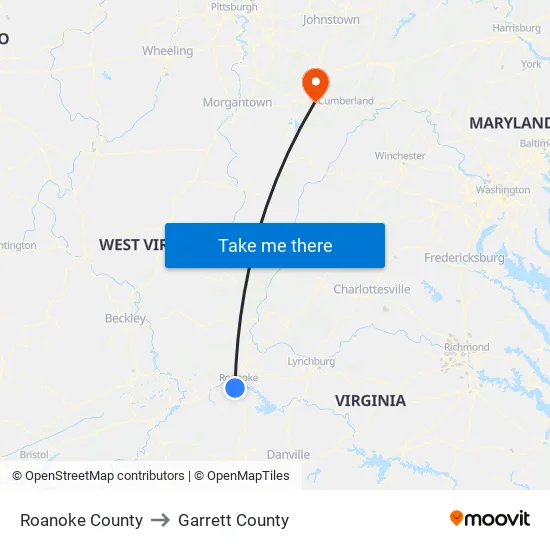 Roanoke County to Garrett County map