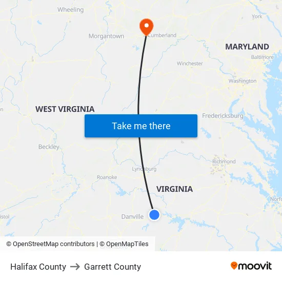 Halifax County to Garrett County map