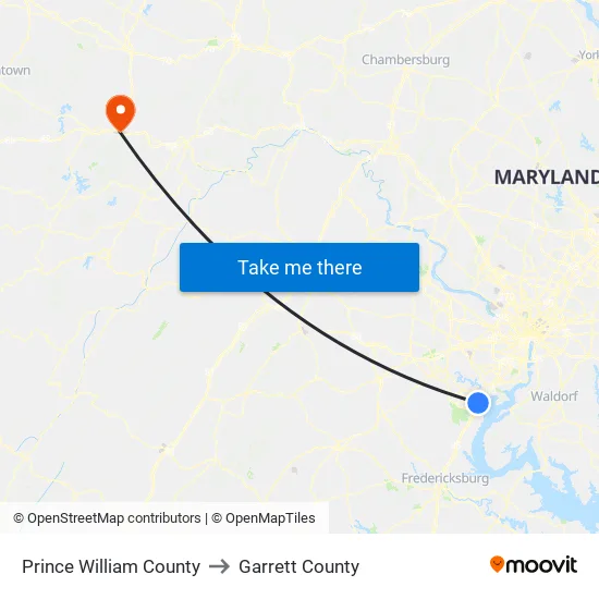 Prince William County to Garrett County map