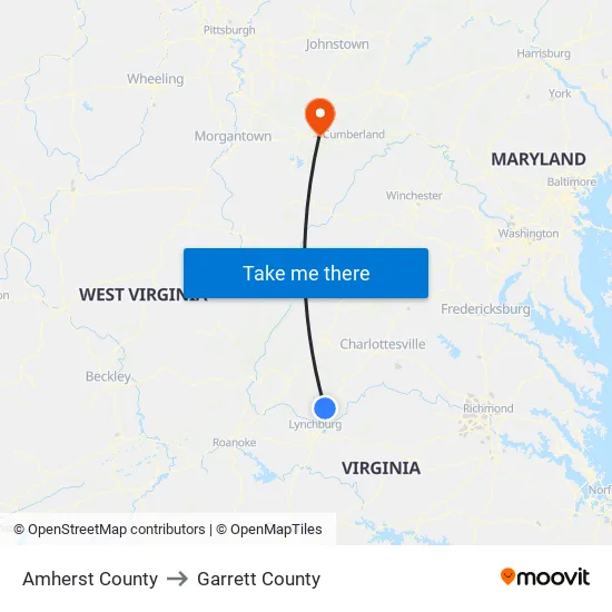 Amherst County to Garrett County map