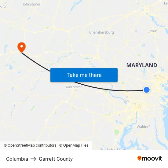Columbia to Garrett County map