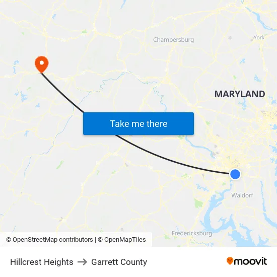 Hillcrest Heights to Garrett County map