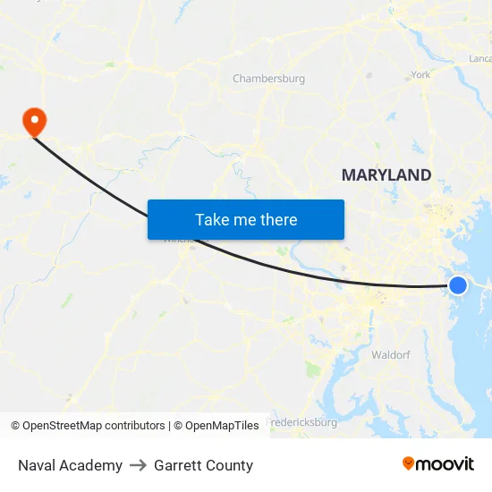 Naval Academy to Garrett County map