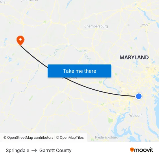 Springdale to Garrett County map