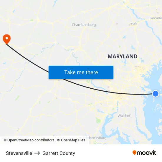 Stevensville to Garrett County map