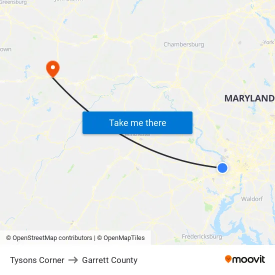 Tysons Corner to Garrett County map