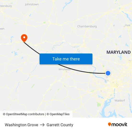 Washington Grove to Garrett County map