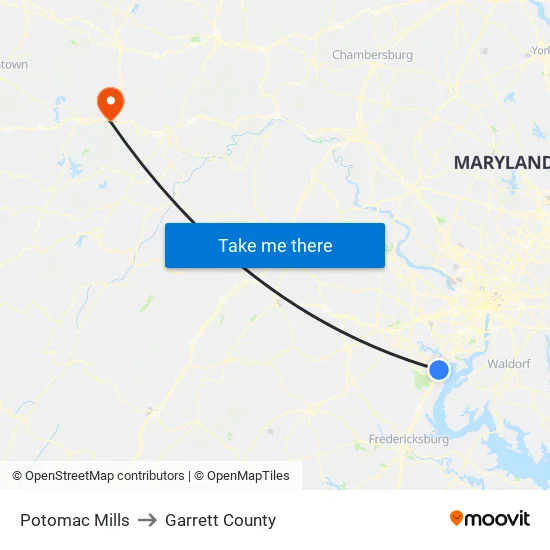 Potomac Mills to Garrett County map