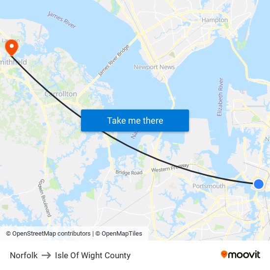 Norfolk to Isle Of Wight County map