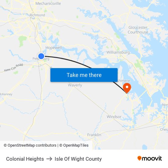 Colonial Heights to Isle Of Wight County map