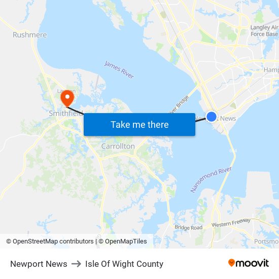 Newport News to Isle Of Wight County map