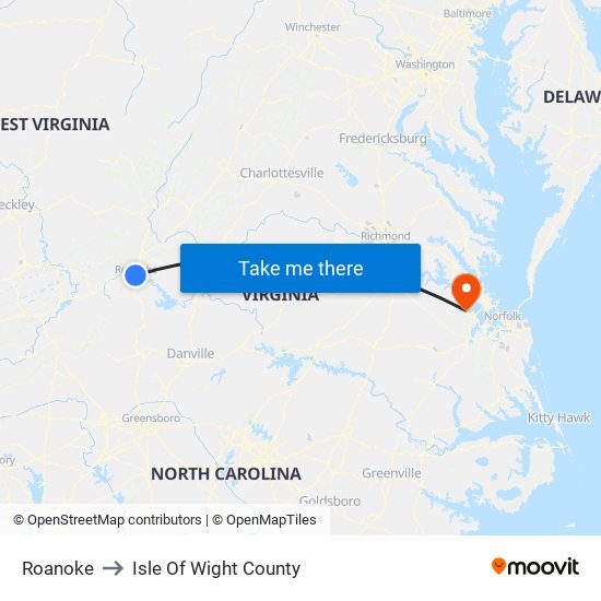 Roanoke to Isle Of Wight County map