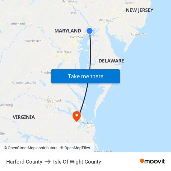 Harford County to Isle Of Wight County map