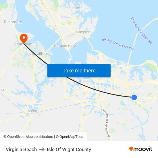 Virginia Beach to Isle Of Wight County map