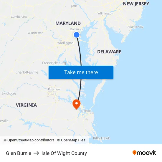 Glen Burnie to Isle Of Wight County map