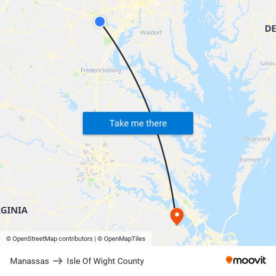 Manassas to Isle Of Wight County map