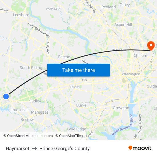 Haymarket to Prince George's County map