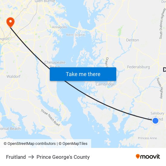 Fruitland to Prince George's County map