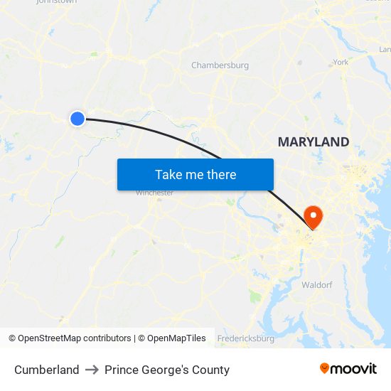 Cumberland to Prince George's County map