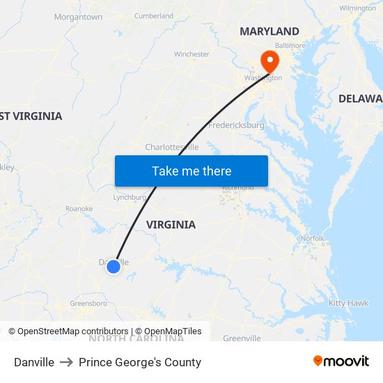 Danville to Prince George's County map