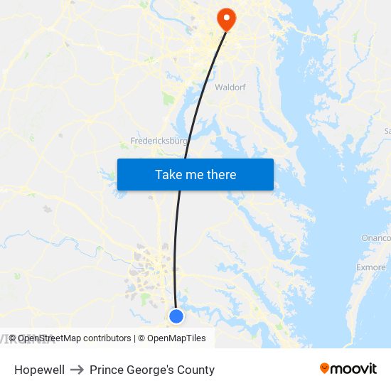 Hopewell to Prince George's County map