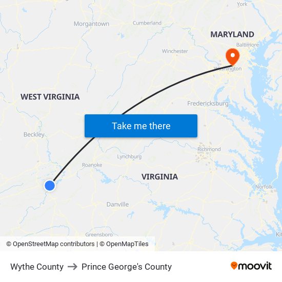 Wythe County to Prince George's County map