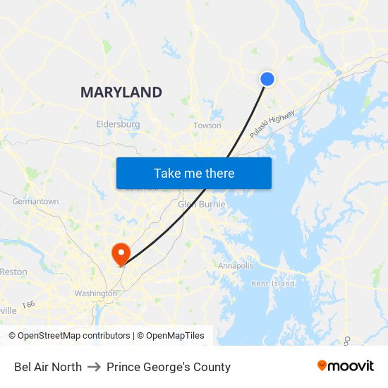 Bel Air North to Prince George's County map