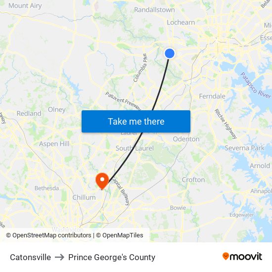 Catonsville to Prince George's County map