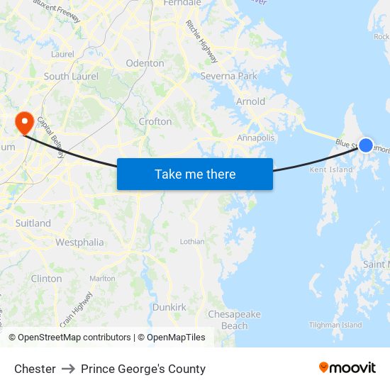 Chester to Prince George's County map