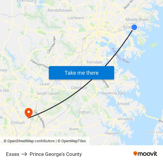 Essex to Prince George's County map