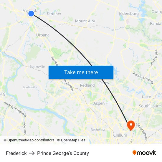 Frederick to Prince George's County map