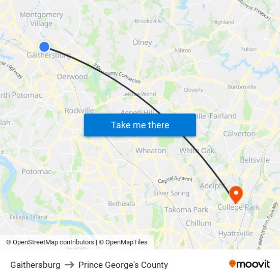 Gaithersburg to Prince George's County map