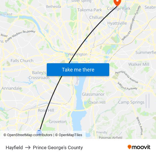 Hayfield to Prince George's County map