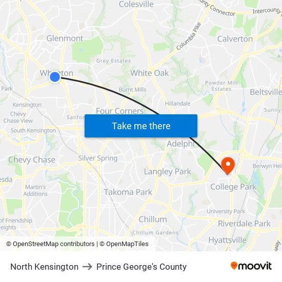 North Kensington to Prince George's County map