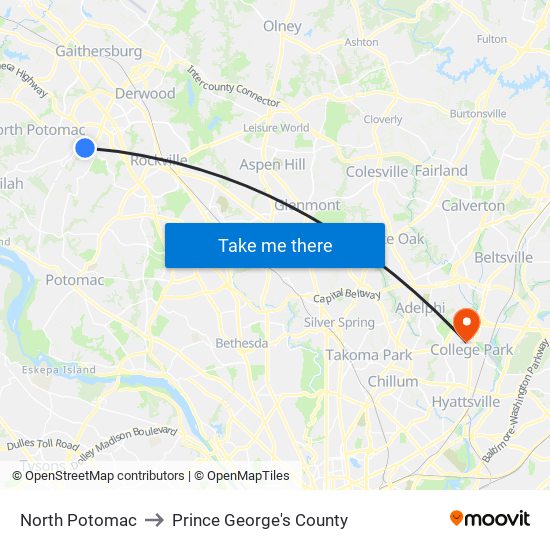 North Potomac to Prince George's County map