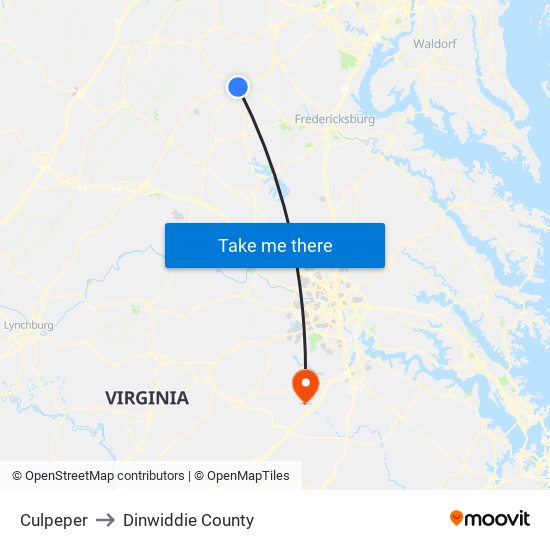 Culpeper to Dinwiddie County map