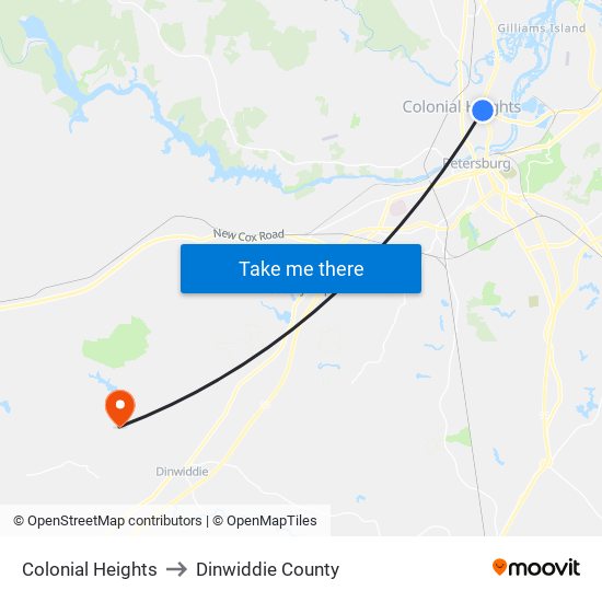 Colonial Heights to Dinwiddie County map