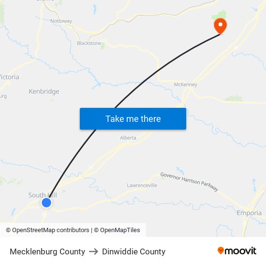 Mecklenburg County to Dinwiddie County map