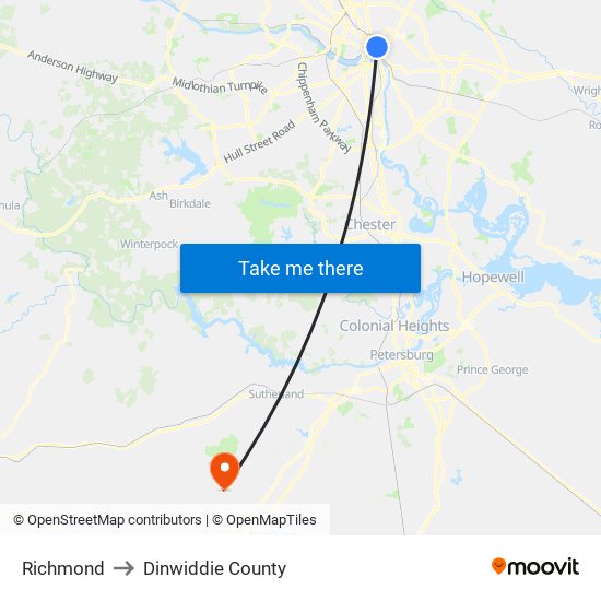 Richmond to Dinwiddie County map