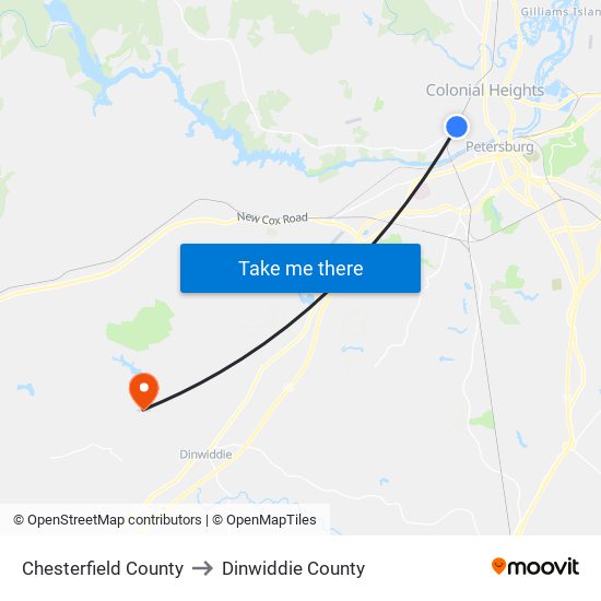 Chesterfield County to Dinwiddie County map