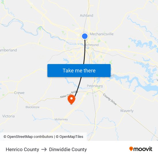 Henrico County to Dinwiddie County map