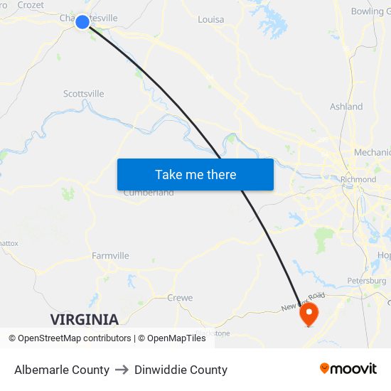 Albemarle County to Dinwiddie County map