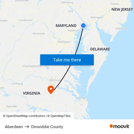 Aberdeen to Dinwiddie County map