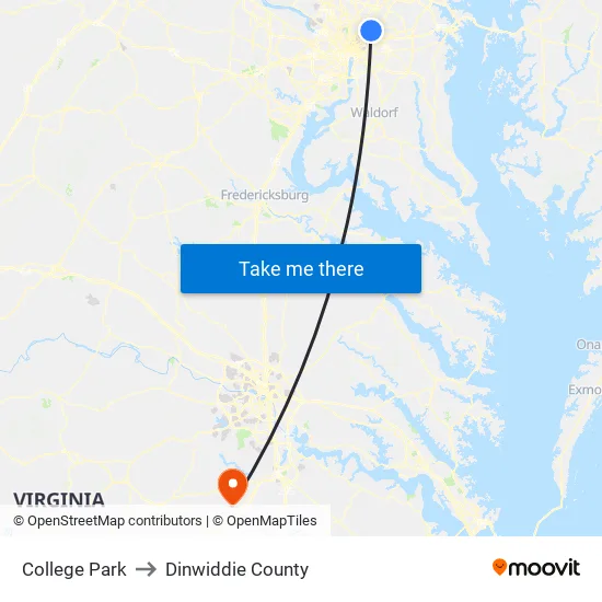 College Park to Dinwiddie County map